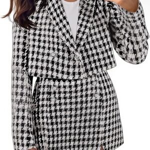 Chic Black and White Houndstooth Blazer and Skirt Set
